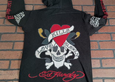 ED HARDY by Christian Audigier-Love Kills Slowly Black Zip-Up Sweater~VTG~ M-2XL