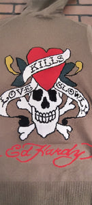 ED HARDY -Christian Audigier Love Kills Slowly Zip-Up Heather Sweater ~VTG~M-2XL