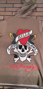 ED HARDY -Christian Audigier Love Kills Slowly Zip-Up Heather Sweater ~VTG~M-2XL