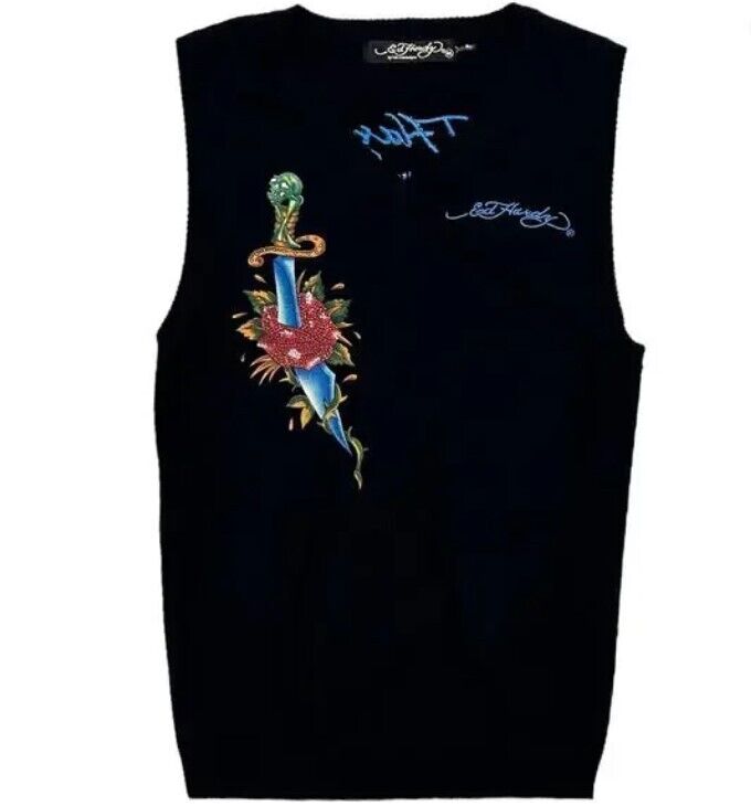 ED HARDY by Christian Audigier- Vtg Black Sleeveless Pullover Vest~NEW~M-2XL