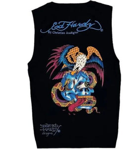 ED HARDY by Christian Audigier- Vtg Black Sleeveless Pullover Vest~NEW~M-2XL